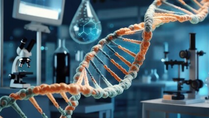 Decoding Genetics: Detailed DNA Helix with Molecular Hologram in a High-Tech Laboratory