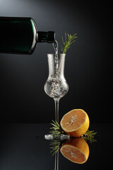 Gin with lemon and rosemary on a black reflective background.