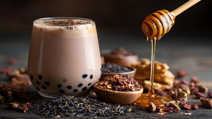boba bubble tea with honey and nuts