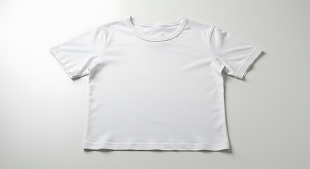 Plain white cotton t-shirt with round neck and short sleeves, laid flat on a clean table setup, seamless white background with no objects, bright softbox lighting, high-key neutral color palette.