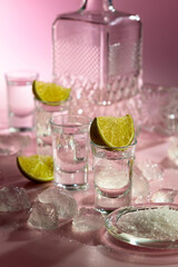Tequila with lime, sea salt, and crushed ice on a pink background.