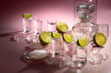 Tequila with lime, sea salt, and crushed ice on a pink background.