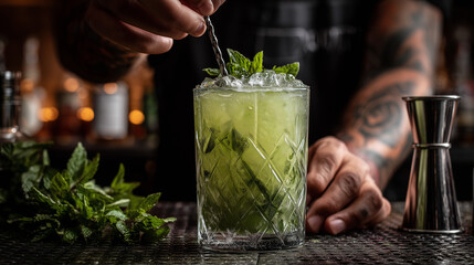 ai crafting a refreshing mint cocktail at a bustling bar during a lively night