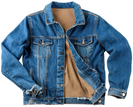 Trendy ripped denim jacket with frayed edges, blue casual outerwear, classic style, relaxed fit, textured fabric, youthful fashion, comfortable and stylish