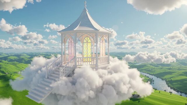 Ethereal gazebo on clouds overlooking lush green hills