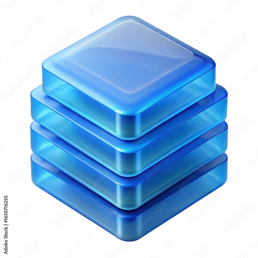 Poster a stack of five glossy blue square blocks representing data storage, isolated on white isolated on t