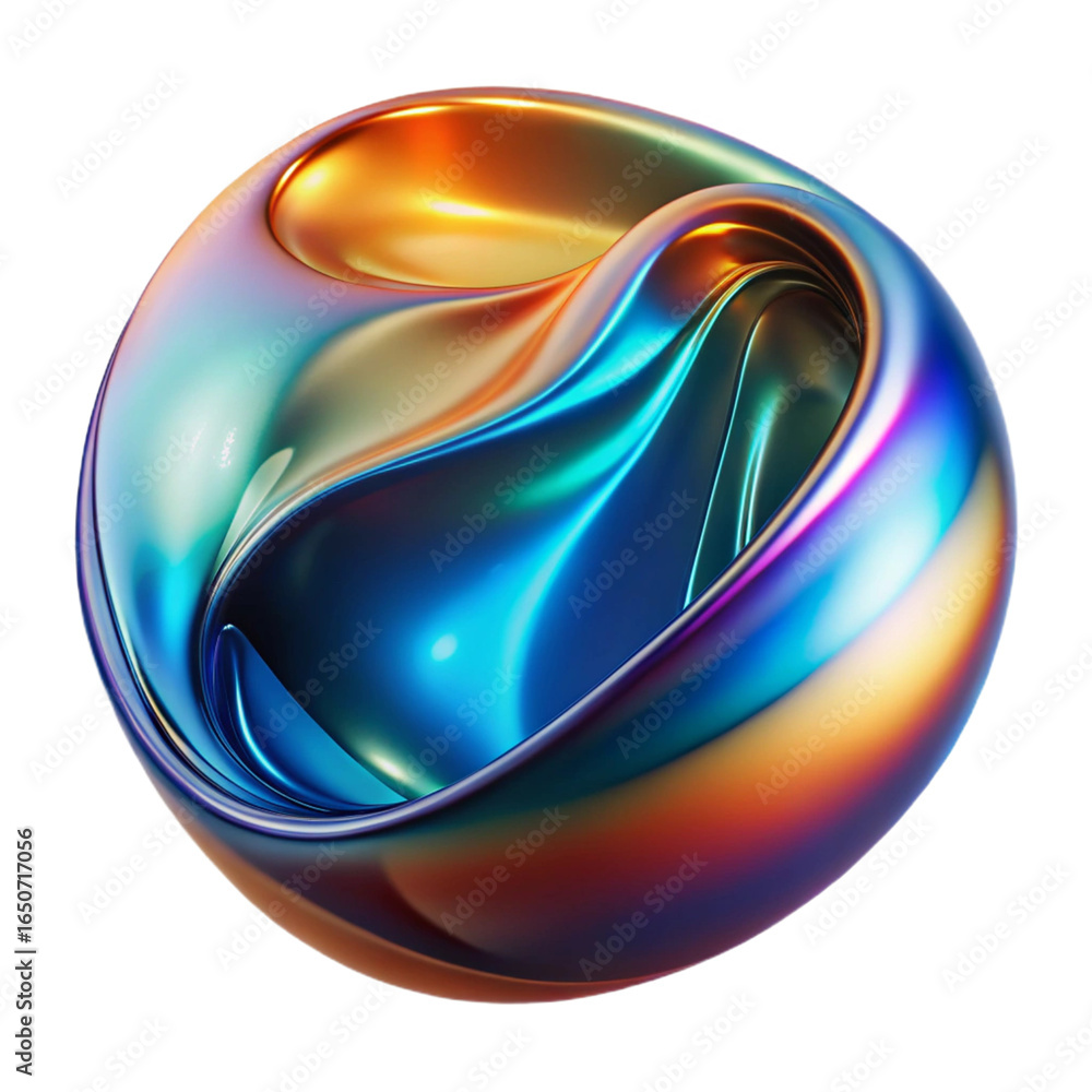 Poster a smooth, iridescent sphere with flowing curves and vibrant colors, isolated on a transparent backgr