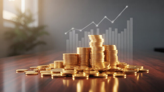 Stacks of gold coins with a rising financial graph and bar chart overlay money finance