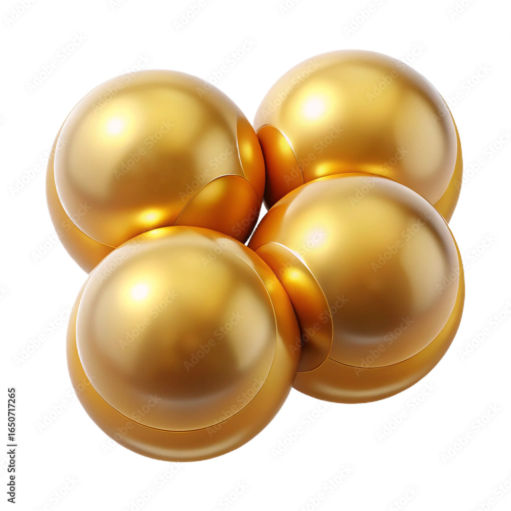 Poster a cluster of four shiny golden spheres with a metallic sheen, arranged in a pleasing pattern on a tr
