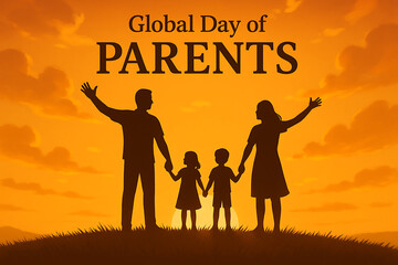 A silhouette of a happy family holding hands at sunset, a beautiful illustration celebrating the global day of parents with love and unity.