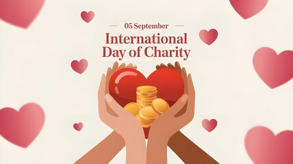 Hands holding a heart with gold coins for international day of charity