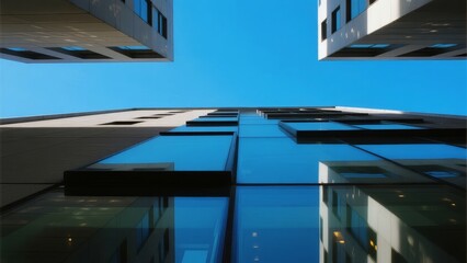 Fototapeta premium Modern skyscrapers viewed from below against a clear blue sky