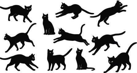 Black cat silhouettes, various cat poses, walking cats, sitting cats, playful cats, jumping cats, feline shapes, animal shadows, domestic cats, pet silhouettes, cute cats, wildlife art