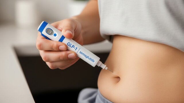 person is injecting their stomach with a GLP-1 semaglutide pen. The medical device and a person's hand are in focus. The concept is medicine, treatment, and weight loss - Powered by Adobe