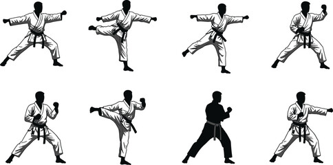 Karate martial arts silhouettes, dynamic fighting poses, karate kicks, punching techniques, black belt karateka, self-defense moves, traditional gi uniforms, combat training