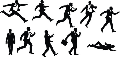 Business man running, walking, jumping, action silhouettes, office professional movement, businessman active poses, corporate lifestyle, dynamic business actions, work energy, 
