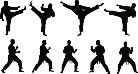 Karate martial arts silhouettes, kicking and fighting poses, martial artist training, karate moves collection, self-defense stances, dynamic martial arts action, fighting silhouettes set © Shammi's World