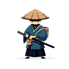 Cute Cartoon Samurai with Hat and Katana