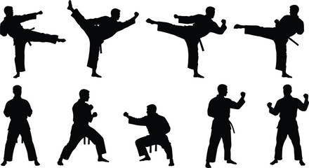 Martial arts silhouette set, karate kicking poses, fighting stances, black belt moves, self-defense action, martial artist figures, combat training, dynamic karate kicks