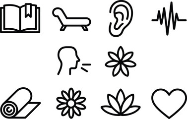 Line Icons Set Book, Couch, Ear, Wave, Person Speaking, Flowers, Yoga Mat, Heart