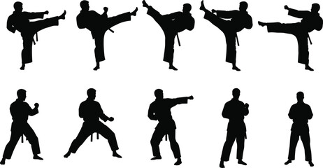 Martial arts silhouette set, karate fighting poses, kicking action, self-defense moves, black belt, combat stances, martial artist figures, dynamic karate kicks, training positions, vector collection