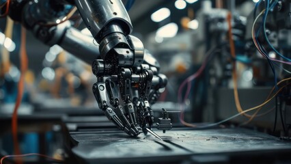 Obraz premium Detailed Robotic Hand Assembling Component in Industrial Factory Setting