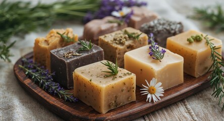 Assorted Natural Handmade Soap Bars with Rosemary and Lavender Decoration.