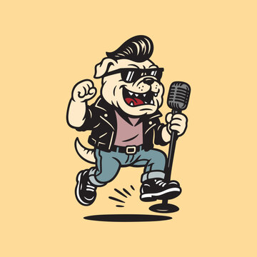 Dog singing with microphone with retro style illustration