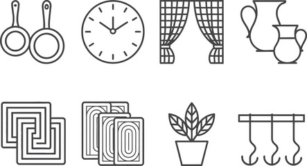 Minimalist Iconography Set Featuring Kitchenware, Clock, Curtains, Pot, and Hangers