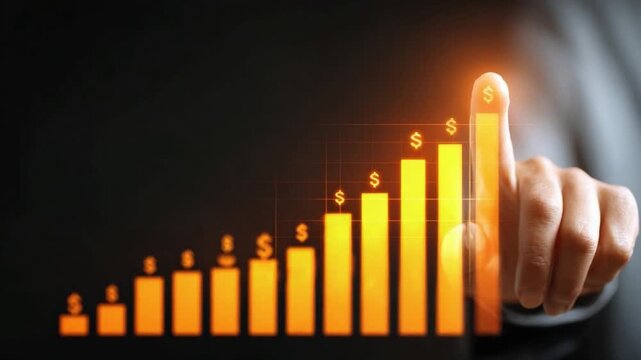 Financial Ascent: A close-up shot features a finger tracing the upward trajectory of a vibrant financial growth chart, representing escalating financial success and investments.