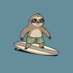 Sloth surfing on waves with retro style illustration © sarance studio