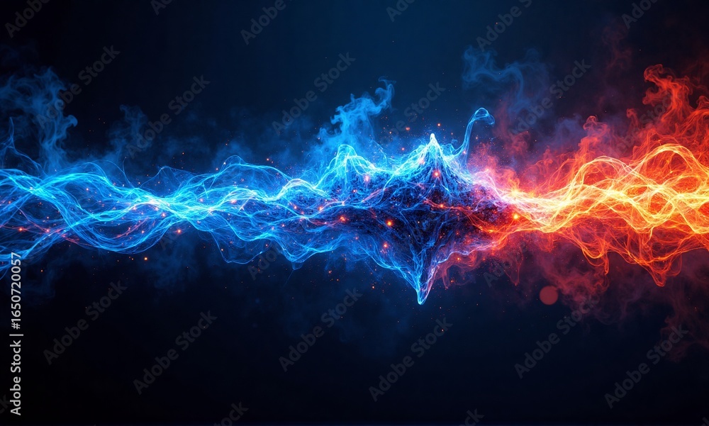 Poster dynamic blue and fiery red energy waves collide and intertwine in a dark void, creating a powerful, 