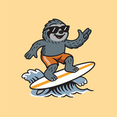 Sloth surfing on waves with retro style illustration