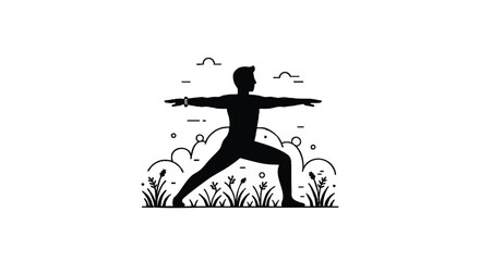 Minimalist black and white line art vector of a man practicing the warrior two yoga pose. An isolated icon for wellness, fitness, and mindfulness concepts