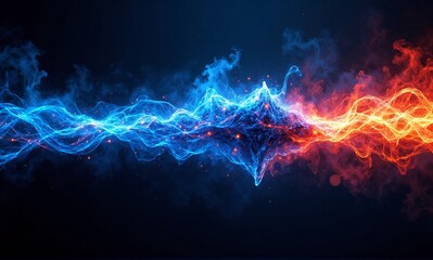 Dynamic blue and fiery red energy waves collide and intertwine in a dark void, creating a powerful, vibrant contrast.