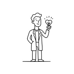 A scientist in a lab coat holds a heart shaped lightbulb representing an innovative idea or concept