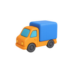 Fototapeta premium Small orange and blue toy truck with a blue top is sitting on a white background