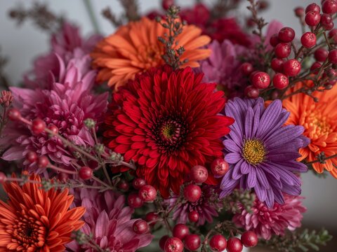Autumnal Bouquet of Vibrant Gerbera Daisies and Red Berries, Closeup Floral Arrangement.