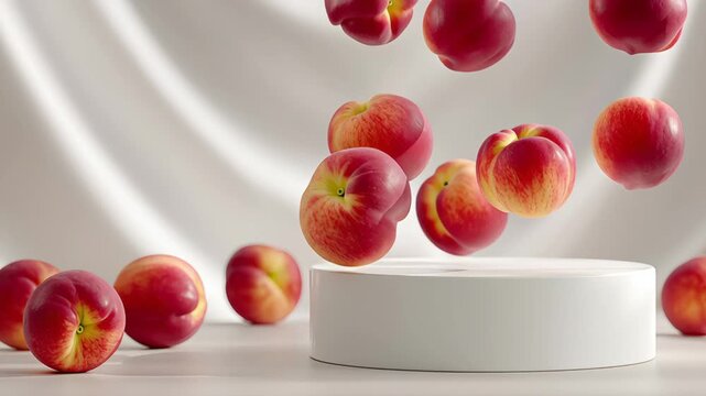Floating apples in mid-air above a white circular pedestal, showcasing a dynamic motion sequence with vibrant colors and soft textures, creating an engaging visual experience of levitation