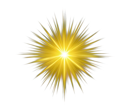 Radiant yellow starburst with sharp spiky edges, glowing light effect, isolated on transparent background, perfect for sale, discount, or best value promotional design