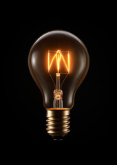Glowing light bulb with tungsten filament against dark background, symbol of creativity, ideas, and innovation.