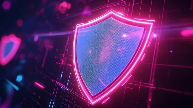 Cybersecurity Shield with Neon Glow and Digital Background in Futuristic Style 4k video footage
