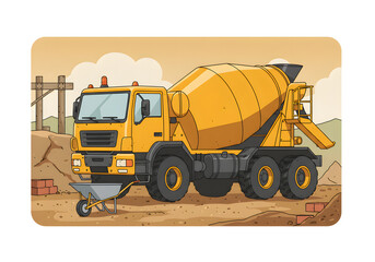 Naklejka premium Concrete mixer truck illustration at a construction site