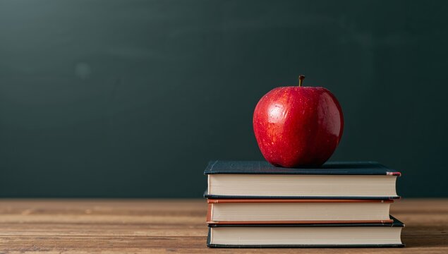 Back to school concept, a red apple on top of a stack of books on a wooden table.