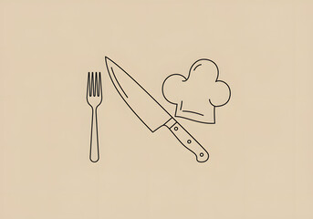 Culinary line art with knife fork and chef hat illustration