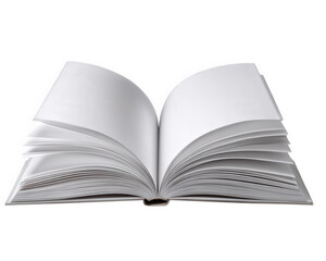 Obraz premium Open book with blank white pages, soft shadow, and turning pages, isolated on transparent background, concept of creativity, education, and imagination