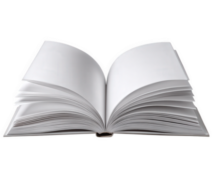 Open book with blank white pages, soft shadow, and turning pages, isolated on transparent background, concept of creativity, education, and imagination
