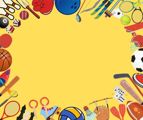 Sports colourful Themed banner with square frame made of sports equipment. Healthy lifestyle elements. Template for postcard, poster, flyer, social media. Vector flat illustration on yellow background