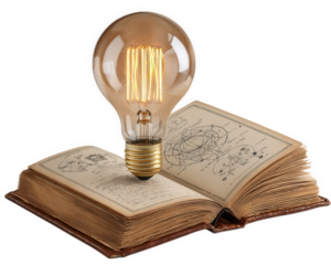 Open vintage science textbook with detailed diagrams and handwritten notes, featuring glowing light bulb symbolizing creativity and inspiration in learning