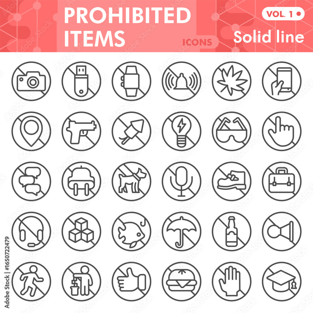 Poster forbidden acts solid line icon set, prohibited items symbols collection or sketches. banned behavior